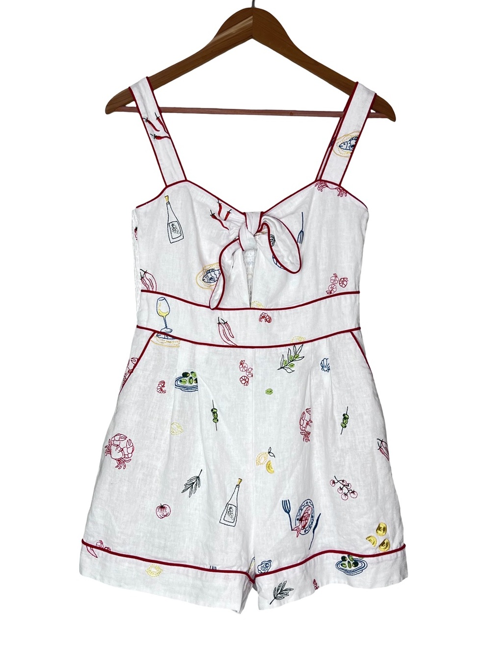 Caroline Constas Coastal Embroidered Wine Linen Beachy Romper Sz S